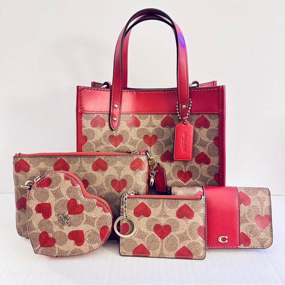 Coach Handbags - Coach Signature Canvas Set Field Tote 22 Heart Print Coin Purse Wristlet Wallet